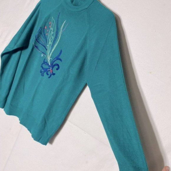 VINTAGE St Michael Green Embroidered Mock  Neck Sweater M - Picture 9 of 11